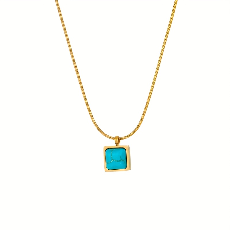 Women's 304 Stainless Steel Golden Necklace with Blue Square Pendant